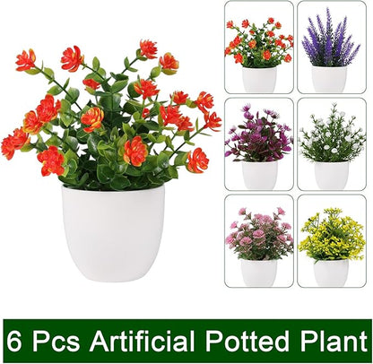 Artificial Small Plant 6pcs Fake Flower Potted Plant Bathroom Faux Plant for Indoor Decor Window Tabletop Office Colorful Flower