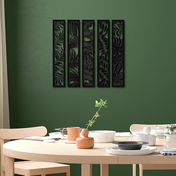 Blulu 5 Pieces Wooden Wall Art Hollow Wall Decor Wood Panels for Home Decorations Bedroom Living Room, 15.7 x 2.9 x 0.2 Inch(Leaf,Black)