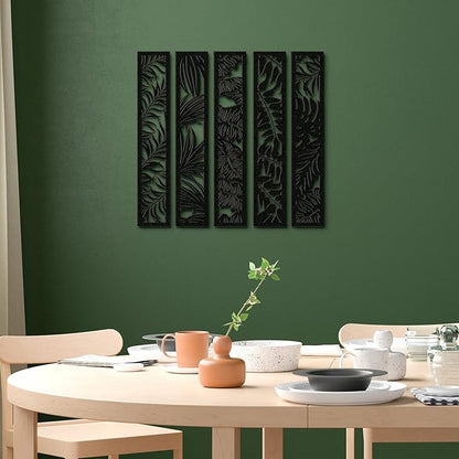 Blulu 5 Pieces Wooden Wall Art Hollow Wall Decor Wood Panels for Home Decorations Bedroom Living Room, 15.7 x 2.9 x 0.2 Inch(Leaf,Black)