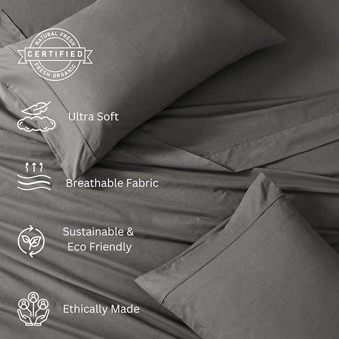 LANE LINEN 100% Organic Cotton Queen Sheets - 4PC Queen Size Set, Soft & Breathable Percale Weave Hotel-Quality Bedding - Charcoal & White (2 Pack)