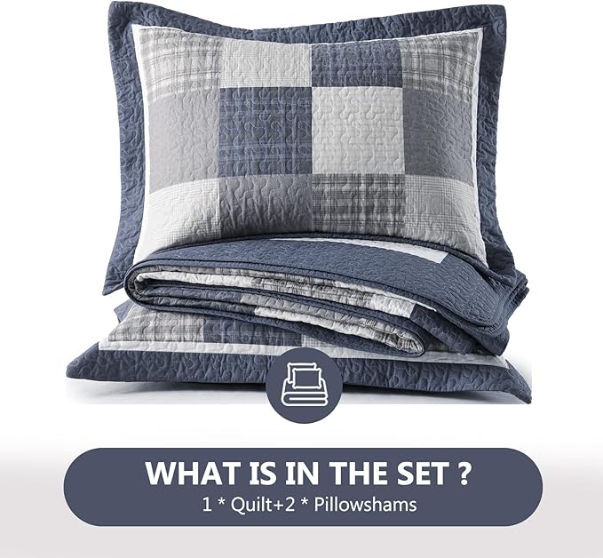 100% Cotton Quilts King Size, King Quilt Bedding Set Bedspread, Patchwork Plaid Quilt for King Bed, 3 Pieces Farmhouse Reversible Lightweight Comforter Bed Spread, Blue/Beige/White