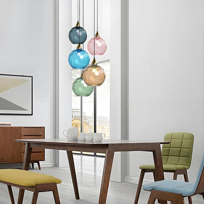 15cm/5.9’’ Industrial Vintage Spherical Glass Pendant Light, E26 Ceiling Hanging Lamp, Gold Finish & Ripple Glass Globe Shade, Dining Room Bedroom Chandelier (Pink)