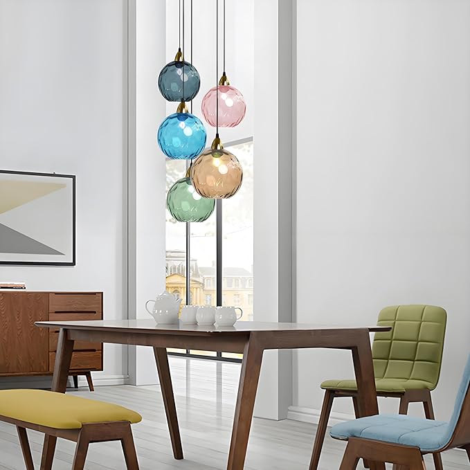 20cm/7.9’’ Industrial Vintage Spherical Glass Pendant Light, E26 Ceiling Hanging Lamp, Gold Finish & Ripple Glass Globe Shade, Dining Room Bedroom Chandelier (Azure Blue)