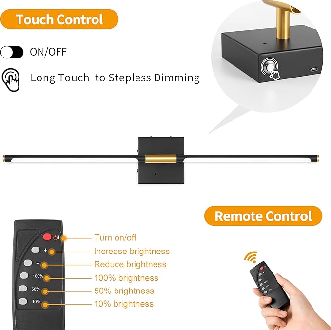 Battery Operated Wall Sconce Single, Black Gold Rechargeable Wall Sconce with Remote, Dimmable Sconce Wall Light, 24 Inch LED Wireless Wall Light for Background Wall, Bedroom,Living Room