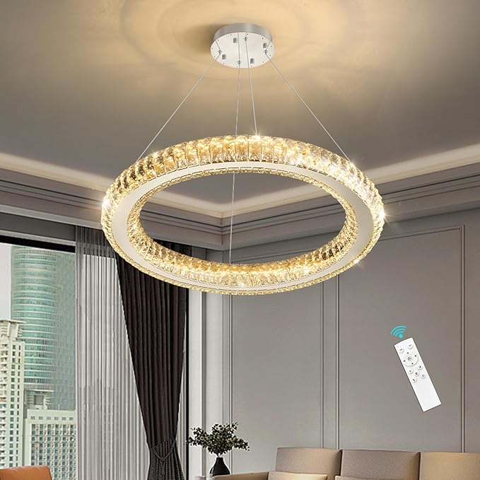 LED Chandelier Modern Dimmable Dining Room Chanderliers Entryway Crystal Ring Pendant Lights for Kitchen Bedroom Living Room Silver Light