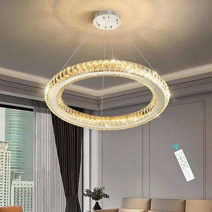 LED Chandelier Modern Dimmable Dining Room Chanderliers Entryway Crystal Ring Pendant Lights for Kitchen Bedroom Living Room Silver Light