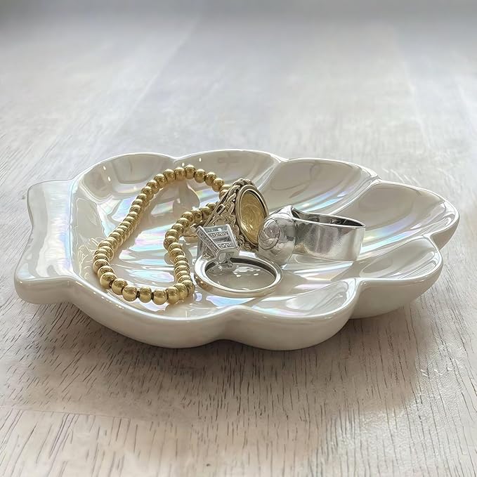 Shell Ceramic Trinket Dish, Cute Ring Earrings Holder Jewelry Tray, Organizer Plate Home Decorations for Bathroom, Bedroom and Dresser Accessories