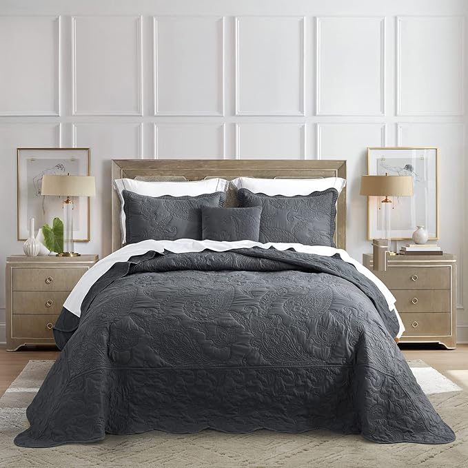 HZ & HY Oversized King Bedspread, Quilted Coverlet Bedding Set, Lightweight Thin Comforter, Reversible, Luxurious, 5 Piece, 100% Microfiber, Dark Grey