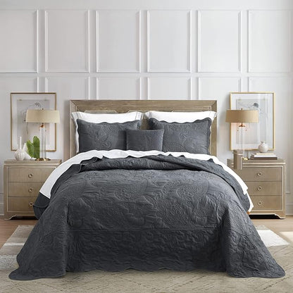 HZ & HY Oversized King Bedspread, Quilted Coverlet Bedding Set, Lightweight Thin Comforter, Reversible, Luxurious, 5 Piece, 100% Microfiber, Dark Grey