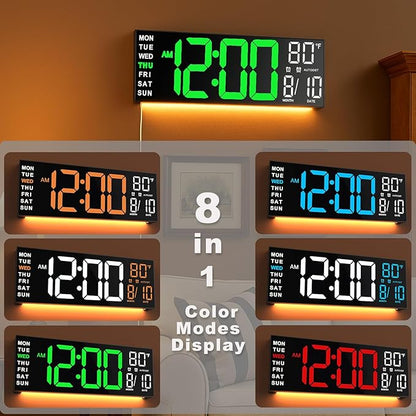 TrophyRak 16" Large Digital Wall Mount Clock, Count Down Timer, Alarm, Big LED, RGB Color, DST, Temperature for Living Room Classroom Desk, Wall, Xmas, Birthday Gift for Senior Mom Dad, Green White