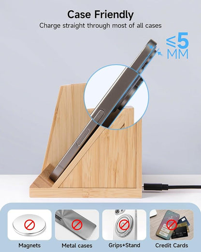 Bamboo Pen Holder for Desk & Nightstand Organizer with Fast Wireless Charging for iPhone, Samsung & More – Office Desk Accessories for Men/Women (Bamboo)