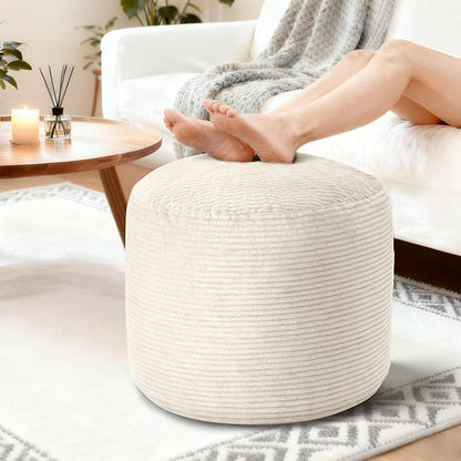 Pouf Ottoman Foot Rest, Comfortable & Soft, Round Footstool Ottoman for Living Room, Bedroom, Office, Room Decoration, Corduroy Foot Stool Pouf with Odorless & Anti-Clump Filling, Small Beige