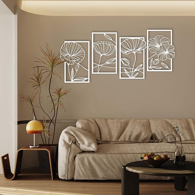 ESTART 4 Pieces Metal Lotus Wall Decor Abstract Floral Aesthetic Splicing Line Art Minimalist Wall Decor for Bedroom Flowers Hanging Wall Sculpture for Living Room Kitchen Office and Yoga Room (White)
