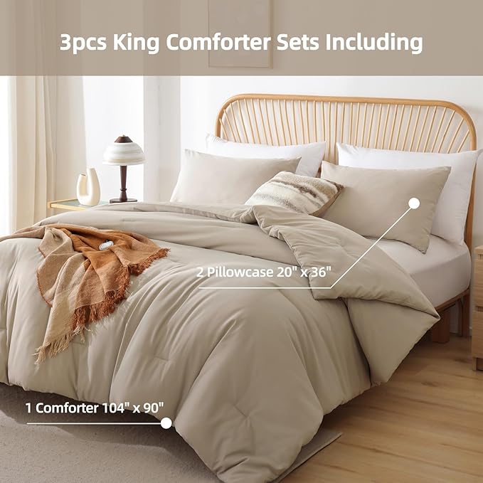 ROSGONIA King Size Comforter Set Light Khaki,3pcs King Comforter Set(1 Khaki Comforter & 2 Pillowcases) All Season Lightweight Bedspread Blanket Quilt