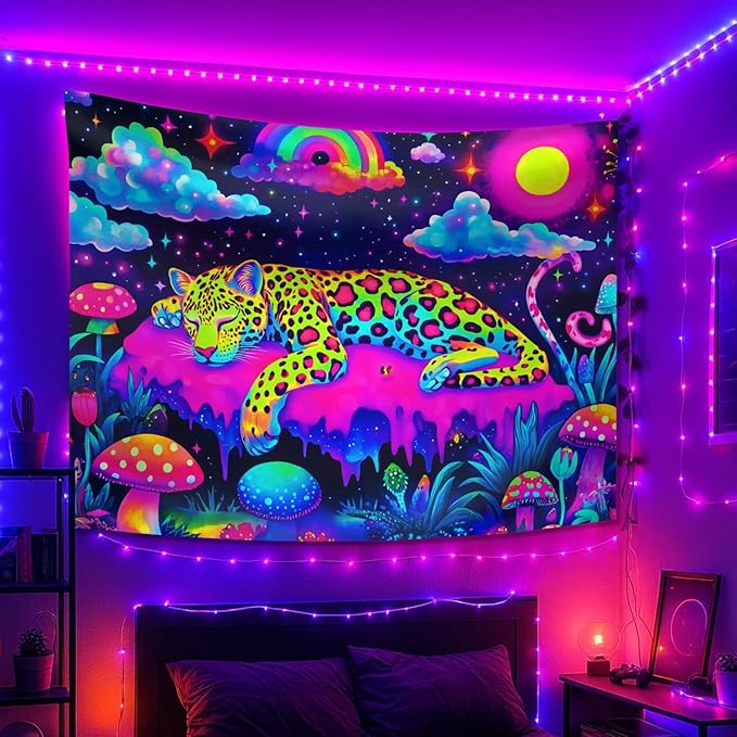 seewan Black Light Sleeping Leopard Tapestry, Glow-in-the-Dark UV Neon Rainbow Clouds and Stars Wall Hanging, Psychedelic Animal Art Tapestry, Bedroom Dorm Living Room Background Decor