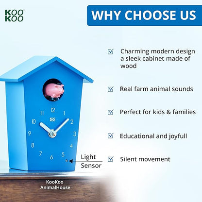 KOOKOO AnimalHouse Blue, Small Cuckoo Clock with 5 Farm Animals Sounds (Natural Field Recordings)