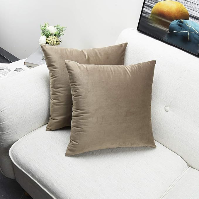 Artaimee Khaki Velvet Throw Pillow Covers 18x18 Inch, Set of 2 – Soft Decorative Cushion Cases for Sofa, Couch, Bed, or Chair – Square Plush Pillowcases with Hidden Zipper, Home & Living Room Décor
