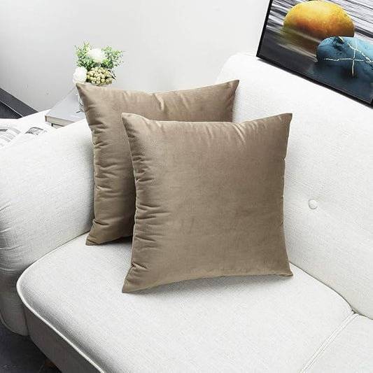 Artaimee Khaki Velvet Throw Pillow Covers 18x18 Inch, Set of 2 – Soft Decorative Cushion Cases for Sofa, Couch, Bed, or Chair – Square Plush Pillowcases with Hidden Zipper, Home & Living Room Décor