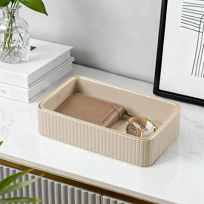 Desk Organizer Tray, PU Leather Valet Tray Nightstand Organizer Cologne Perfume Trays for Men Women, Decorative Vanity Trays Key Bowl Trinket Dish (Beige, 9.5" x 6" x 2.2")