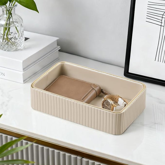 Desk Organizer Tray, PU Leather Valet Tray Nightstand Organizer Cologne Perfume Trays for Men Women, Decorative Vanity Trays Key Bowl Trinket Dish (Beige, 9.5" x 6" x 2.2")