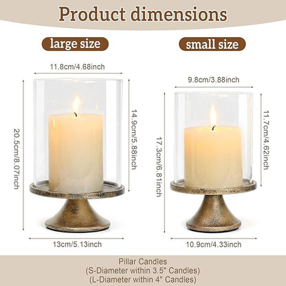 Set of 2 Hurricane Candle Holder Set with Glass Dome & Iron Base – Elegant Decorative Pillar Candle Holders for Living Room, Dining Room & Bedroom Centerpiece - Ideal Home Décor