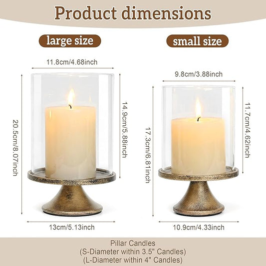 Set of 2 Hurricane Candle Holder Set with Glass Dome & Iron Base – Elegant Decorative Pillar Candle Holders for Living Room, Dining Room & Bedroom Centerpiece - Ideal Home Décor