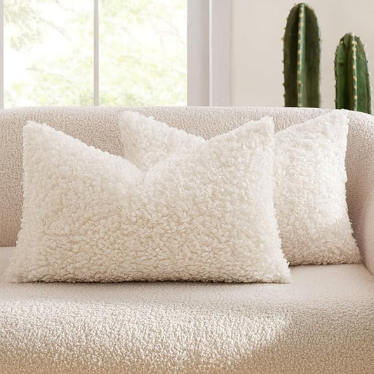 MIULEE Pack of 2 Lumbar Faux Fur Throw Pillow Covers 12x20 Inch Neutral White Boucle Decorative Sherpa Pillow Covers Fuzzy Accent Soft Sheepskin Fleece for Boho Home Decor Sofa Living Room Bed Chair