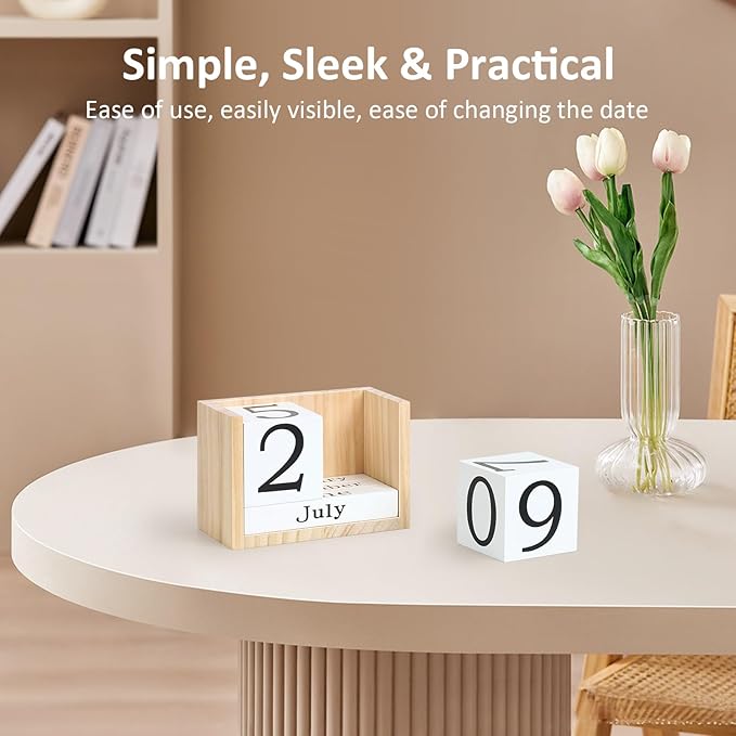 Wooden Block Calendar for Desk, Large Size Daily Desktop Perpetual Desk Calendar, Cute Date Display Desk Accessories for Home Office Decor, Teacher, Classroom, Reusable Yearly, Wood Grain