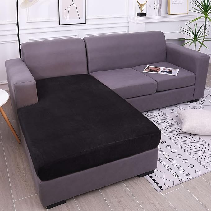 hyha Velvet Couch Cushion Covers, Stretch Chaise Lounge Sectional Couch Seat Covers L Shape for Sectional Sofa, Soft Sofa Cushion Slipcover Washable with Elastic Bottom(Chaise, Black)