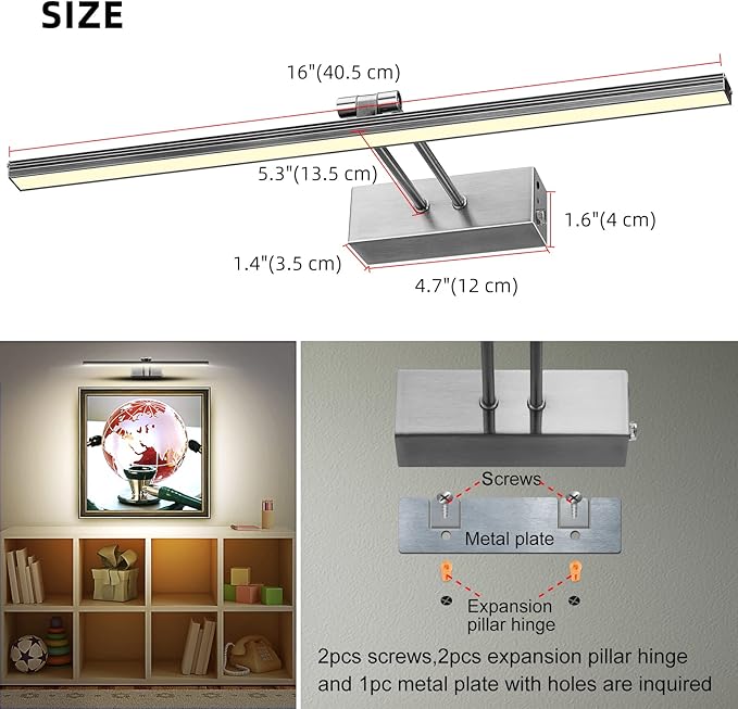 FUNCHDAY Picture Light,Battery Art Lights for Wall,Wireless Remote Painting Light with Timer and Dimmable,16”Metal Display Lighting for Artwork,Portrait,Gallery (Brushed Black)