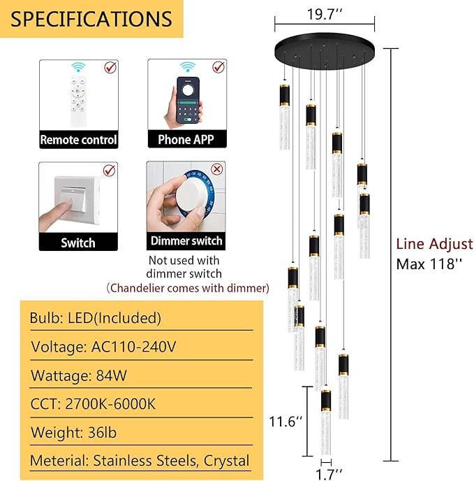 12-Lights Modern Crystal Chandelier for Staircase High Ceiling Chandeliers Large Spiral Bubble Pendant Lighting Hanging Light Fixture Flush Mount for Foyer Entryway