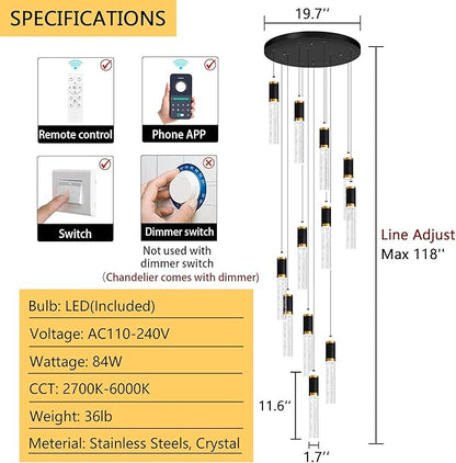12-Lights Modern Crystal Chandelier for Staircase High Ceiling Chandeliers Large Spiral Bubble Pendant Lighting Hanging Light Fixture Flush Mount for Foyer Entryway