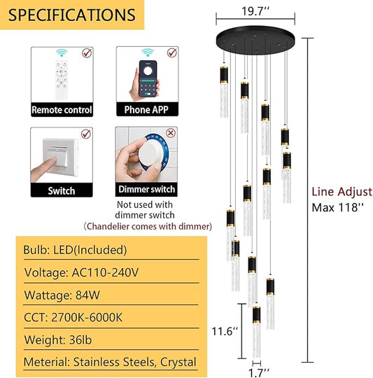 12-Lights Modern Crystal Chandelier for Staircase High Ceiling Chandeliers Large Spiral Bubble Pendant Lighting Hanging Light Fixture Flush Mount for Foyer Entryway