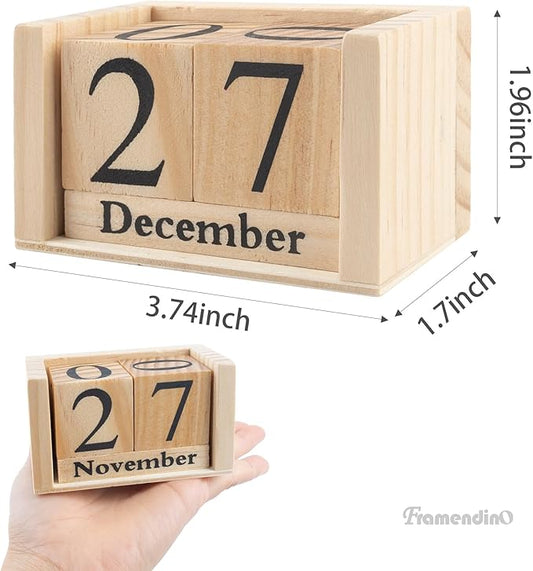 Framendino, Natural Vintage Wood Calendar Rustic Block Chic Perpetual Desktop Wooden Cubes for Home Office Desk Decoration