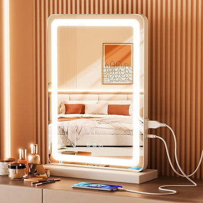 DUMOS 17“x13.2” LED Makeup Mirror with Lights for Vanity, Dimmable 3 Color Modes Makeup Mirror with Memory Function, USB Charging, Aluminum Frame, Lighted Mirror for Desk or Bedroom
