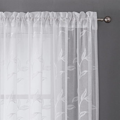 VISIONTEX White Sheer Curtains 120 Inches Long 2 Panels Set Embroidered Floral Leaf Pattern Rod Pocket Semi Sheer Voile Window Curtains/Drapes for Bedroom Living Room 54 x 120 Inches