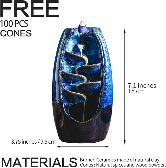 INONE Ceramic Incense Burner with 100 Upgraded Cones, Waterfall Backflow Incense Holder, Aromatherapy Ornament, Zen Decor, Home Decor, Room Decor (Blue)