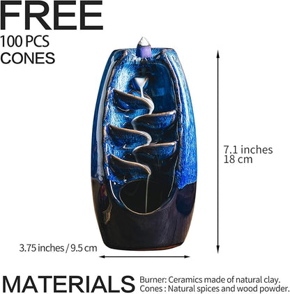 INONE Ceramic Incense Burner with 100 Upgraded Cones, Waterfall Backflow Incense Holder, Aromatherapy Ornament, Zen Decor, Home Decor, Room Decor (Blue)