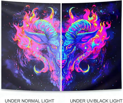 seewan Black Light Aries Tapestry, Glow-in-the-Dark UV Neon Ram Head with Galaxy Flames Tapestry, Psychedelic Constellation Wall Hanging, Bedroom Dorm Living Room Background Decor