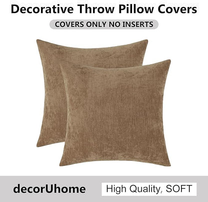 decorUhome Chenille Reddish Brown Throw Pillow Covers 22x22 Inch Set of 2, Decorative Soft Couch Pillow Covers Solid Dyed Accent Velvet Farmhouse Neutral Square Pillow Cases for Sofa Bed Living Room