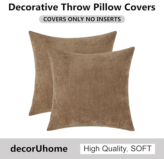 decorUhome Chenille Reddish Brown Throw Pillow Covers 20x20 Inch Set of 2, Decorative Soft Couch Pillow Covers Solid Dyed Accent Velvet Farmhouse Neutral Square Pillow Cases for Sofa Bed Living Room