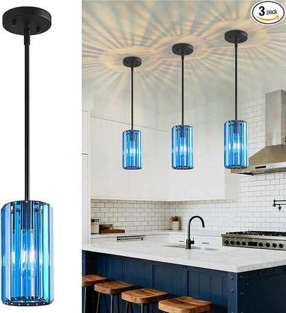 Modern Crystal Pendant Light Mini Dark Blue Chandeliers Adjustable Pendant Lights Fixture for Kitchen Island Dinning Room Corridor Bedroom(Dark Blue 3-Pack
