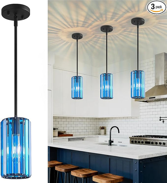 Modern Crystal Pendant Light Mini Dark Blue Chandeliers Adjustable Pendant Lights Fixture for Kitchen Island Dinning Room Corridor Bedroom(Dark Blue 3-Pack