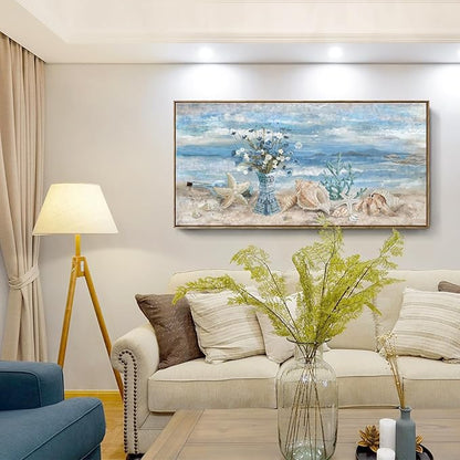 Framed Wall Art for Living Room Blue Ocean Seaside Landscape Beach Picture Coastal Canvas Print Abstract Seascape Painting Daisy Flower in Indian Vase Sea View Artwork for Home Decor 48" W x 24" H