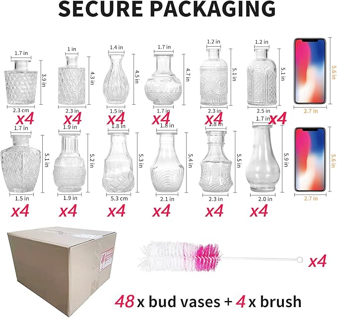 Glass Bud Vase Set of 48 Bud Vases in Bulk with 4 Brushes, Glass Vases for Centerpieces Cute, Vintage Wedding Decor Clear Bulk Mini Vase for Rustic Wedding Decorations, Home Table Flower Decor