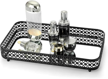 ELLDOO Black Perfume & Makeup Vanity Tray - Hollow-Carved Jewelry Storage, Glass & Metal Trinket Organizer for Dresser & Bathroom Countertop, Large Size