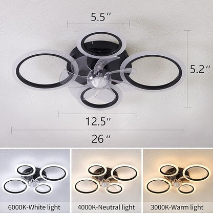 HuixuTe 26" Geometric Ceiling Fan with Lights Remote Control, 3 Colors, 6 Speeds, Bladeless, Low Profile for Kitchen, Bedroom