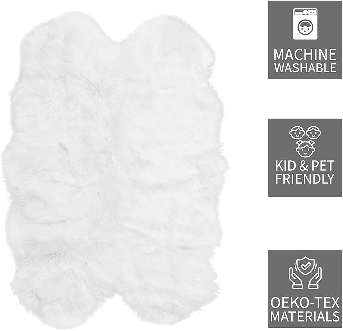 Super Area Rugs Ultra Soft & Fluffy Faux Fur Sheepskin Rug, White 4 x 6 Feet Silky Fluffy Machine Washable Carpet for Bedrooms, Living Room and Hallways