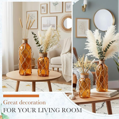 Chuangdi Set of 2 Coastal Glass Vases Christmas Vases for Flowers with Boho Rope Christmas Centerpieces for Tables Small Beach Bottle for Nautical Wedding Floral Arrangement Decorations(Amber)