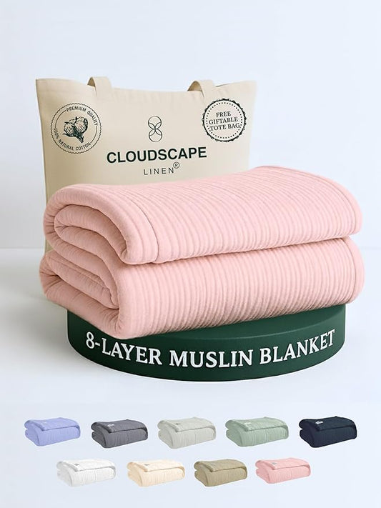Cloud Scape Linen 100% Cotton 8 Layer Twin Size Muslin Blanket - Breatheable and Soft Winter Blanket for Bed, Couch and Sofa, Oversized Fits up to Twin XL, Best Gift Idea, 68x92, Seashell Pink